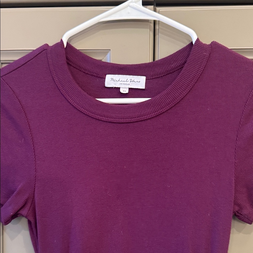Michael Stars Short-Sleeve Ribbed Crewneck Midi Dress Plum XS